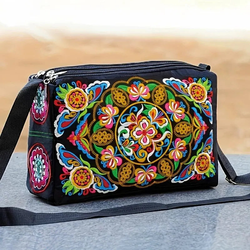 Embroidered Flowers Women's Nylon Crossbody Handbag Purse Ladies Large Capacity Travel Shoulder Bags