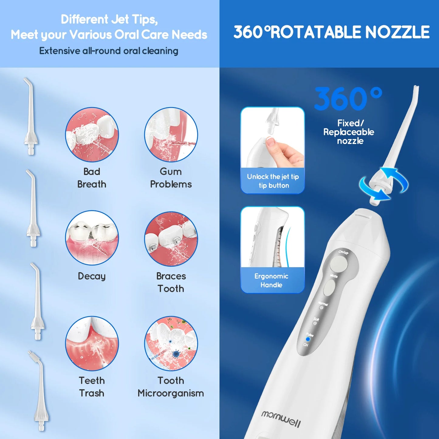 Portable Water Jet Dental Flosser Oral Irrigator USB Rechargeable Water Tooth Pick 4 Jet Tips 300ml and 3 Modes for Great Teeth Cleaning