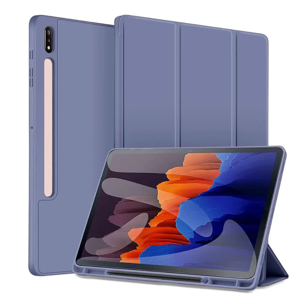 Protective Silicone and Leather Smart Case for Samsung Galaxy Tab S10 S9 FE Plus 11" 12.4" A9 S8 S7 Plus S6 Lite With Pen Holder Cover