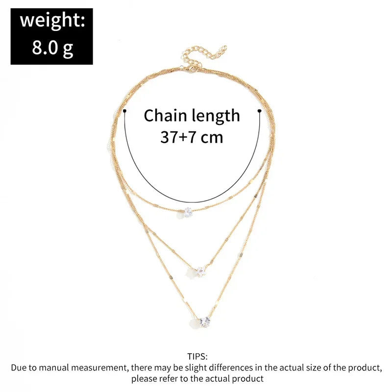 Beautiful Rhinestone Love Heart Star Drop Pendant Necklaces for Women Girls Silver Gold Color Multilayer Thin Chain Choker 3pcs Set Neck Jewelry