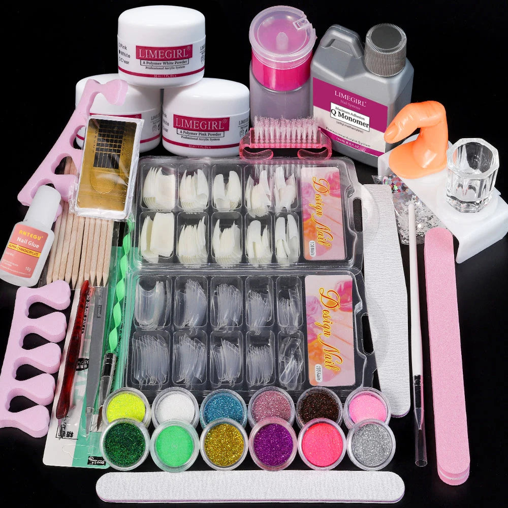 Full Nail Set Acrylic Powder and Liquid Monomer Nails Art Decoration for Manicure Crystal Glitter 3D Nail Tips and Carving Tools Kit