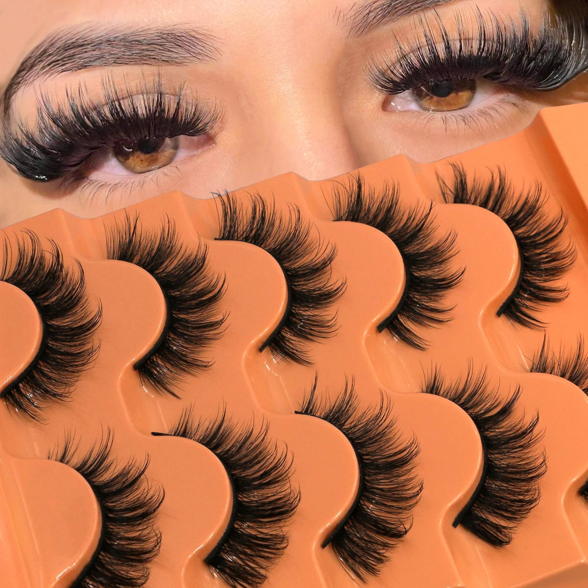 10pcs - 5 Pairs Fluffy Mink Eyelashes Wispy 7D Volume False Thick Soft Curly Lashes Russian Strip Extensions Eye Accessories