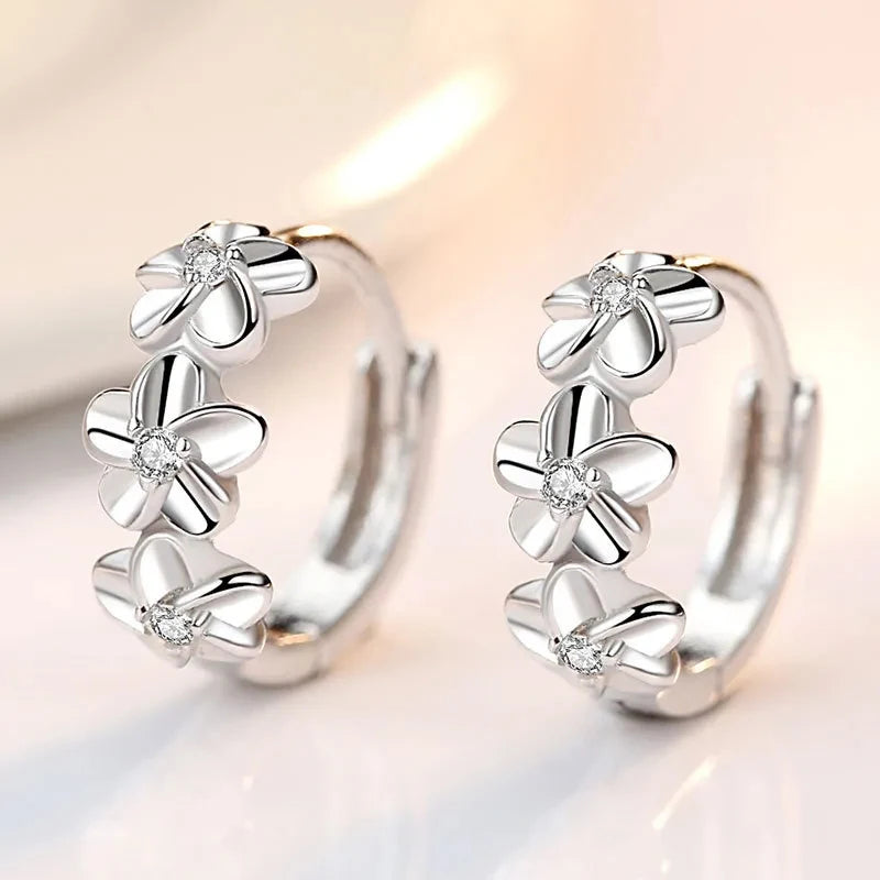 Elegant Crystal Flowers 925 Sterling Silver Hoop Earrings for Women High Quality Fashion Jewelry Accessories