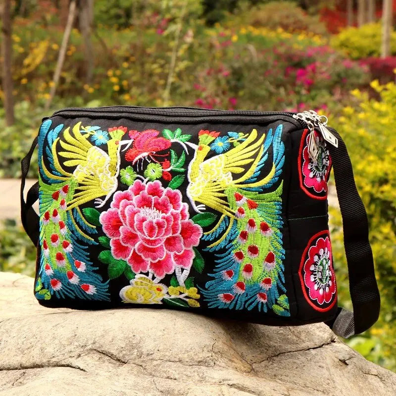 Embroidered Flowers Women's Nylon Crossbody Handbag Purse Ladies Large Capacity Travel Shoulder Bags