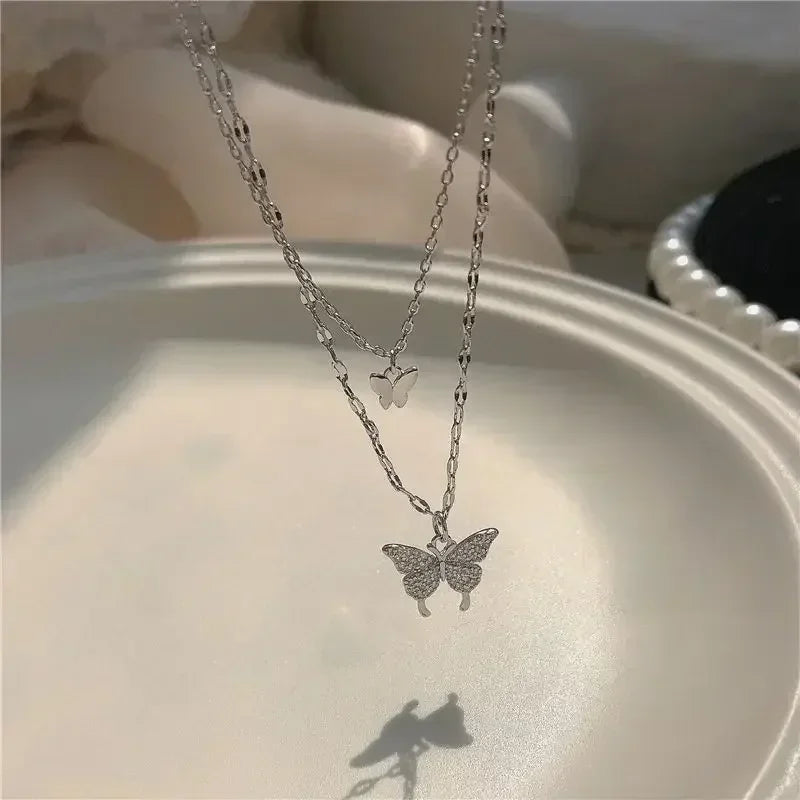 Elegant Butterfly 925 Sterling Silver Crystals Pendant Necklaces for Women Girls Chain Jewelry Accessories
