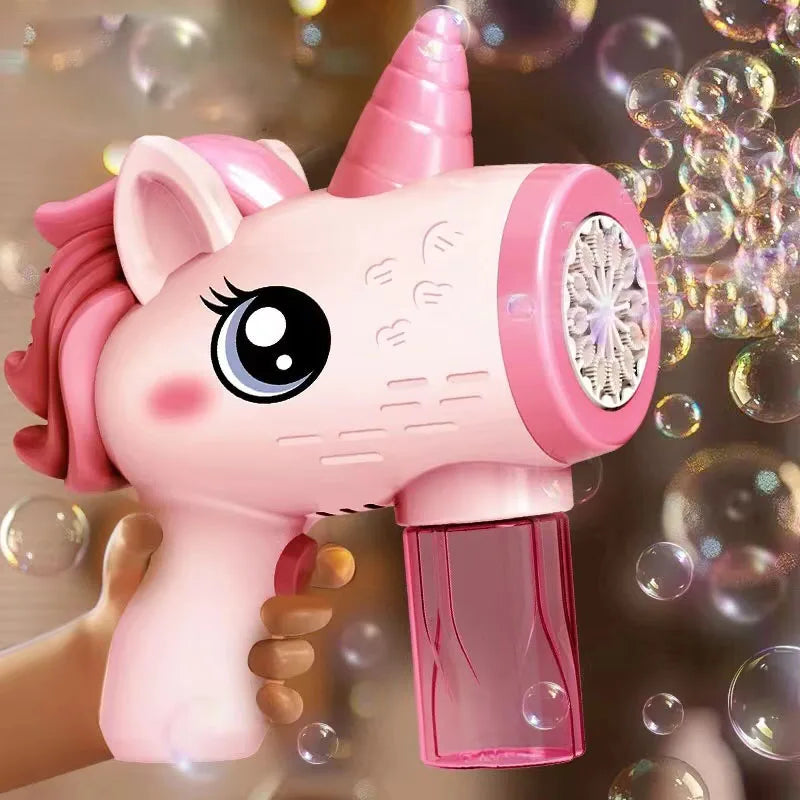 Automatic Unicorn Electric Bubble Gun Toy Fun Bubble Machine Automatic Soap Blower with Lights for Children Entertainment