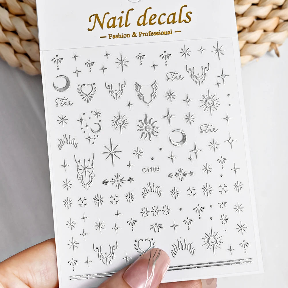 Star Sun Moon 3D Nail Stickers Bronzing Nail Art Gold Silver Styles Decal Self-Adhesive Slider