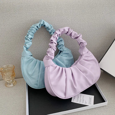 Pleated Fashion Saddle Underarm Handbags for Women TPU Leather Shoulder Dumpling Bags