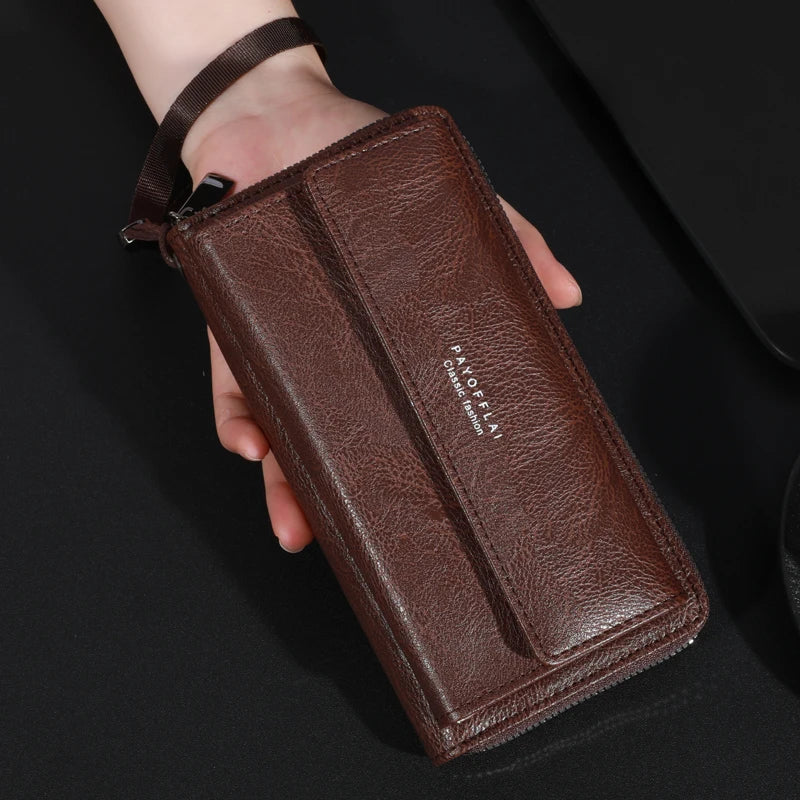 High Quality Men's Leather Zipper Long Phone Wallet Large Capacity Clutch Bag Multi Card Holder Coin Purse Double Layer Strap Wallet