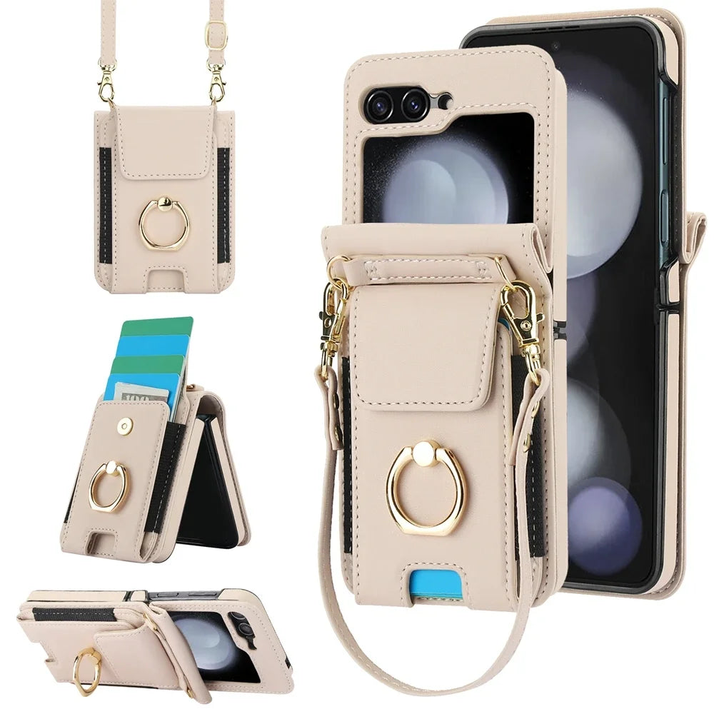 Deluxe Crossbody Lanyard Leather Flip Wallet Case for Samsung Galaxy Z Flip 6 5 4 3 Models Ring Bracket Shockproof Protective Shell Card Holder Phone Cover Bag