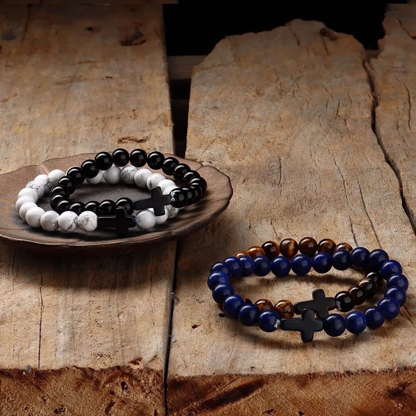 Rosary Cross Natural Stone Wood Beads Hematite Bracelets Prayer Meditation Bracelet for Men Women Yoga Jewelry