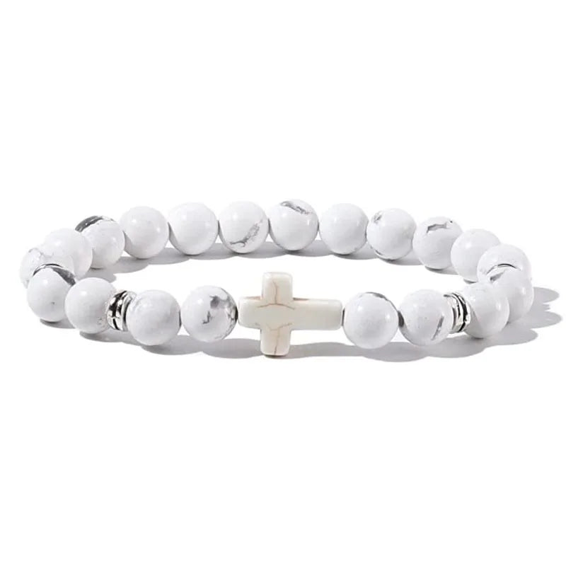 Rosary Cross Natural Stone Wood Beads Hematite Bracelets Prayer Meditation Bracelet for Men Women Yoga Jewelry