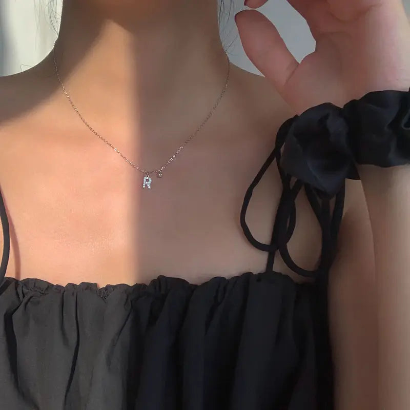 Elegant Crystal Initials Letter 925 Sterling Silver Chain Necklaces for Women Shiny Pendant Collar Jewelry Accessories
