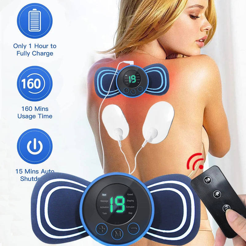 Mini Portable Back Neck and Spine Remote Control Massager with Patches for Full Body Massage with Multi-mode Adjustment