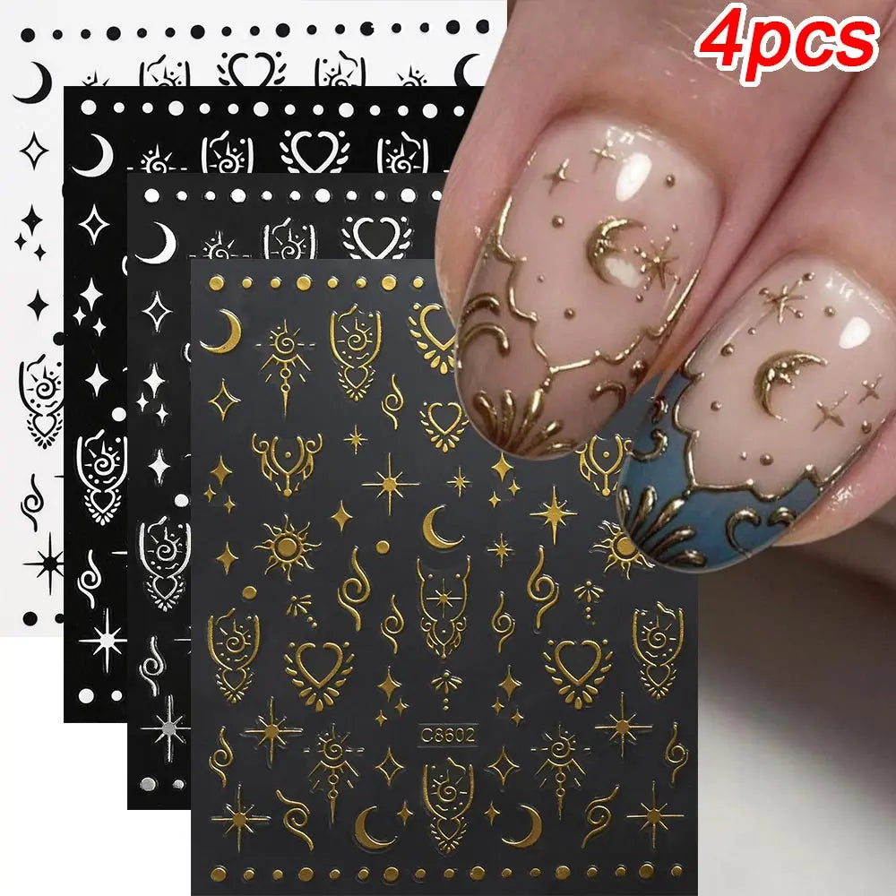Star Sun Moon 3D Nail Stickers Bronzing Nail Art Gold Silver Styles Decal Self-Adhesive Slider