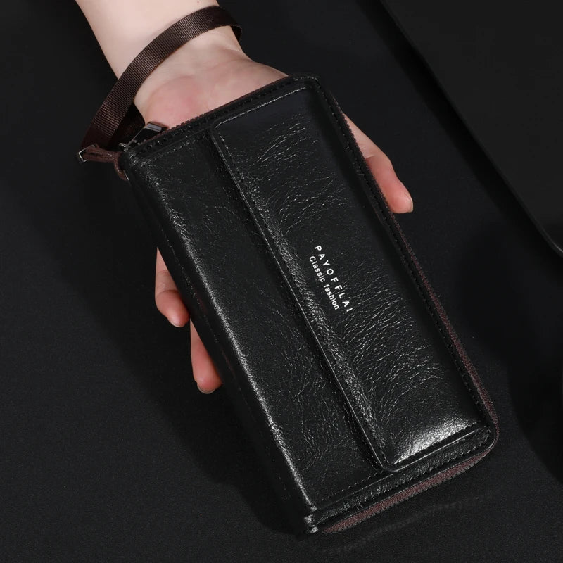 High Quality Men's Leather Zipper Long Phone Wallet Large Capacity Clutch Bag Multi Card Holder Coin Purse Double Layer Strap Wallet