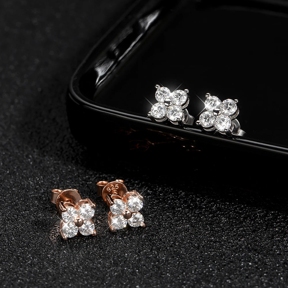 Stylish Moissanite Flower Stud Earrings for Women Girls 4 Round Stones VVS1 Quality S925 Sterling Silver Jewelry