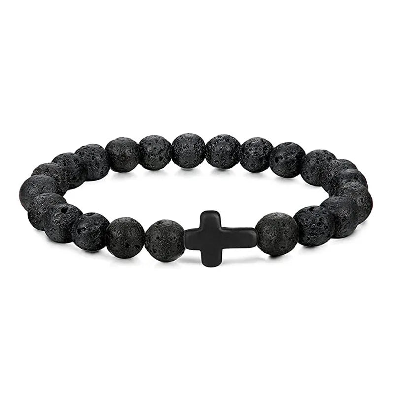 Rosary Cross Natural Stone Wood Beads Hematite Bracelets Prayer Meditation Bracelet for Men Women Yoga Jewelry