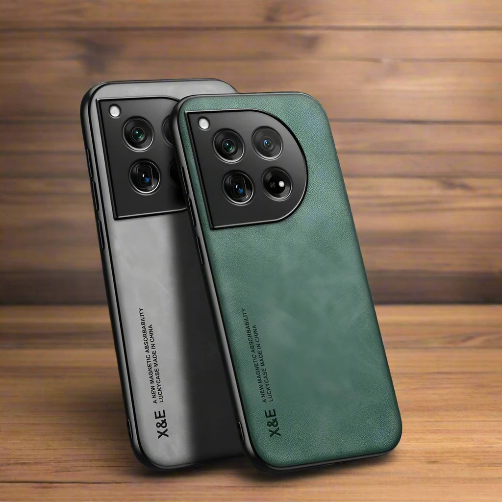 Elegant Leather Phone Case for OnePlus 12 12R Protective Shockproof Cover with Built-in Magnetic Car Holder