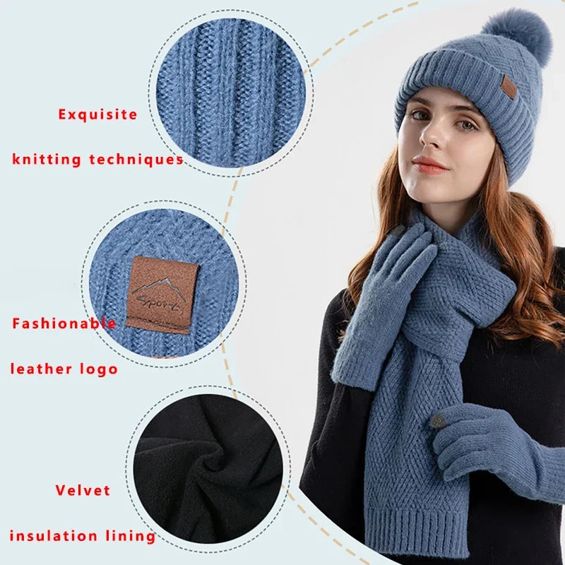 Hat Scarf Touchscreen Gloves Winter Set for Women Girls Warm Knit Fleece Lined Beanie Hat Fur Ball Cap