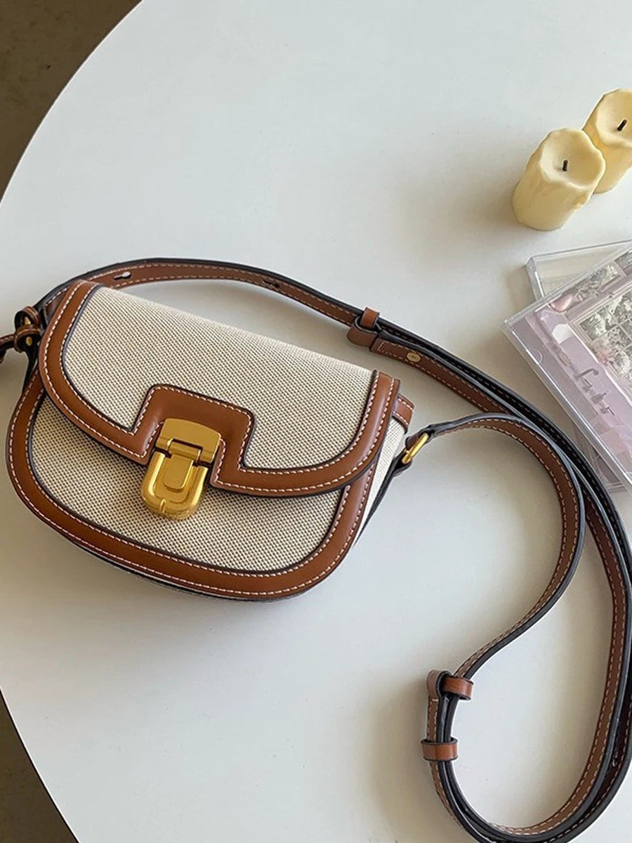 Women's Elegant Leather and Canvas Beautiful Contrast Panels Crossbody Saddle Handbags Purse Shoulder Messenger Bags