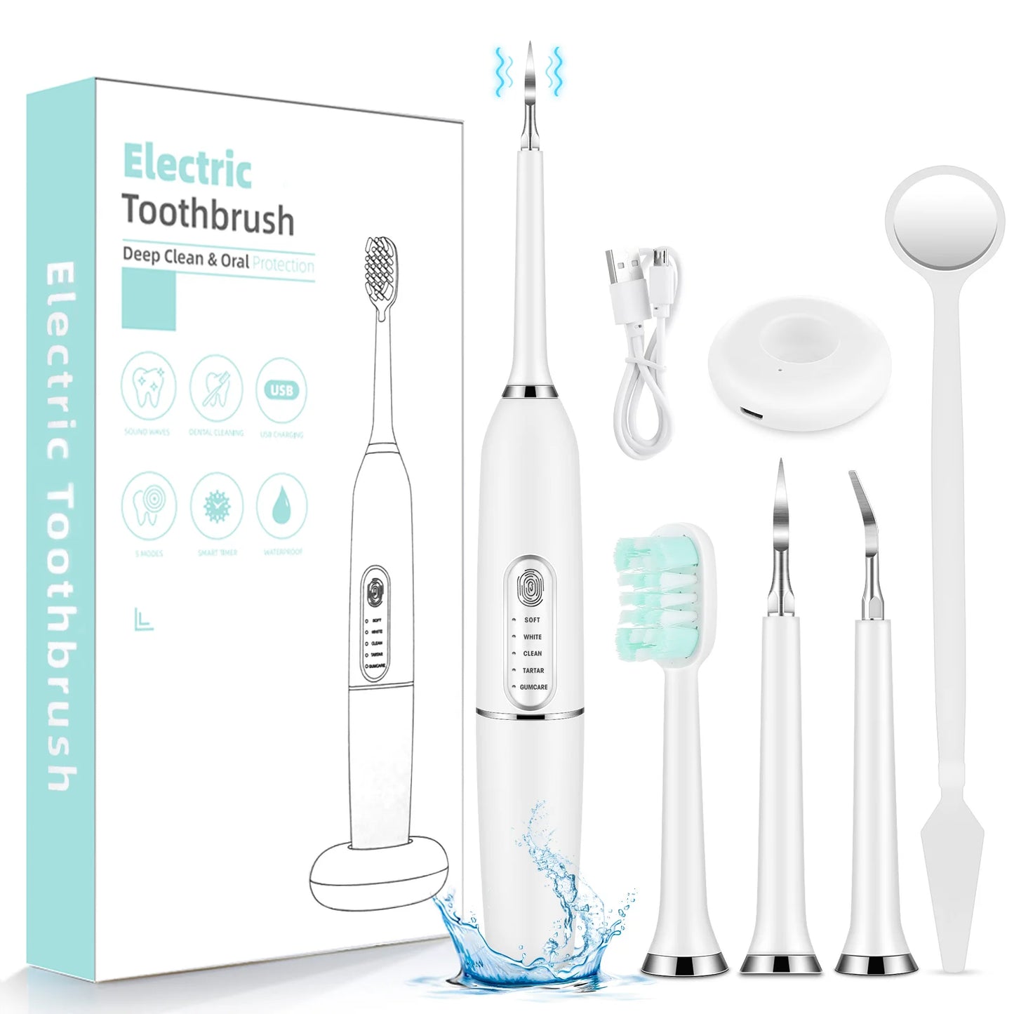 Electric Ultra Sonic Dental Teeth Care System Calculus Plaque Tartar Remover Irrigator Toothbrush with Multiple Heads Cleaning Device Whiter Cleaner Teeth