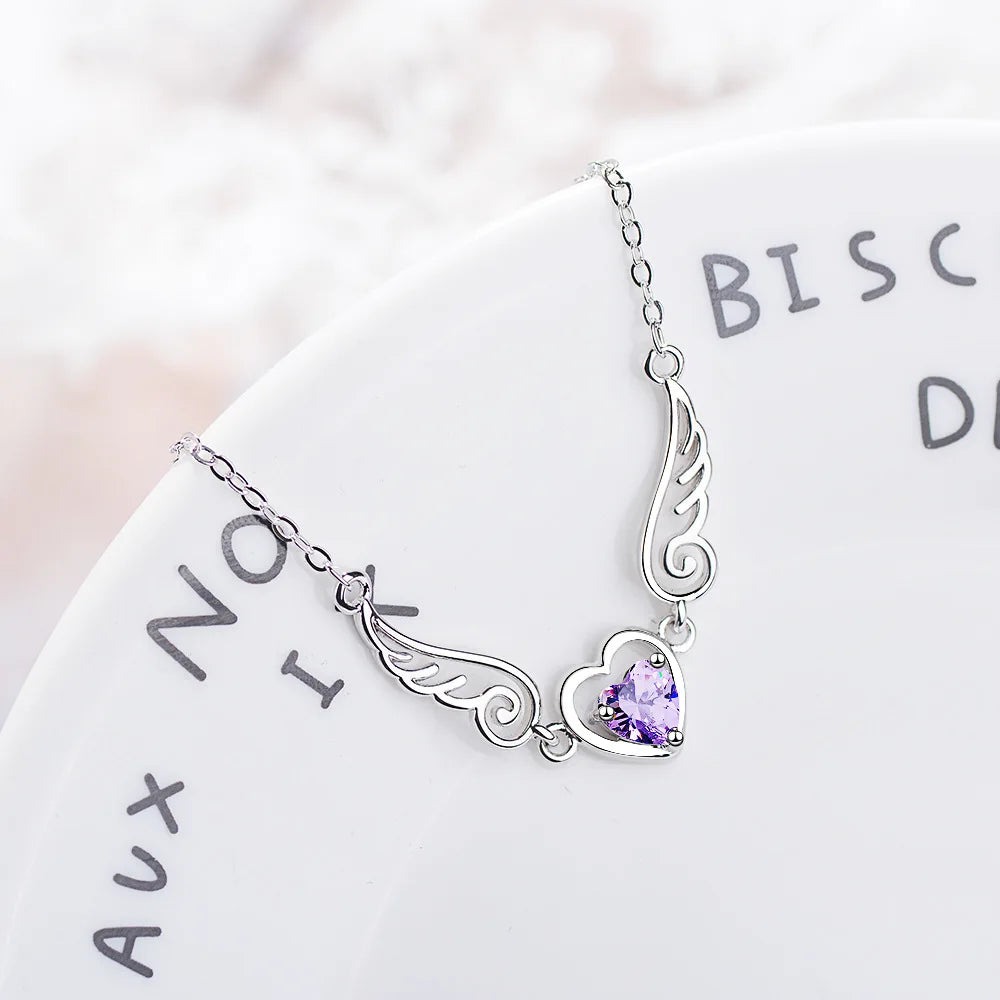 Trendy Purple Crystal Heart Angel Wings 925 Sterling Silver Pendant Necklaces for Women Jewelry Accessories