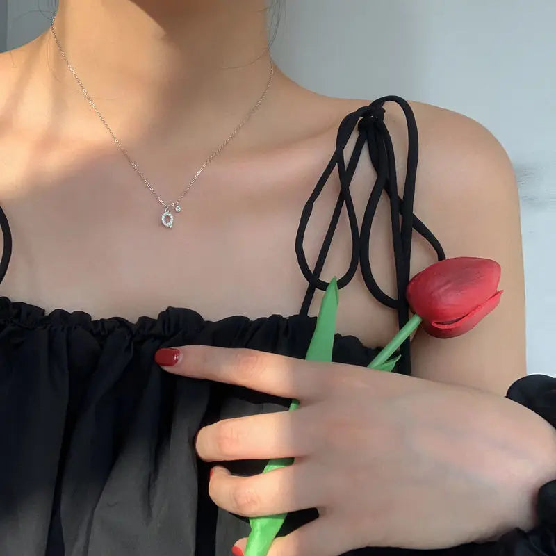 Elegant Crystal Initials Letter 925 Sterling Silver Chain Necklaces for Women Shiny Pendant Collar Jewelry Accessories