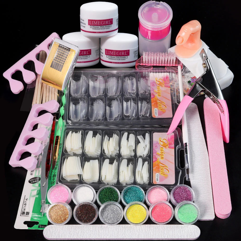 Full Nail Set Acrylic Powder and Liquid Monomer Nails Art Decoration for Manicure Crystal Glitter 3D Nail Tips and Carving Tools Kit