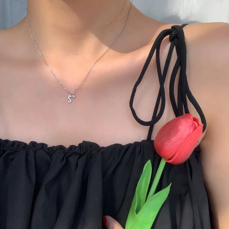 Elegant Crystal Initials Letter 925 Sterling Silver Chain Necklaces for Women Shiny Pendant Collar Jewelry Accessories