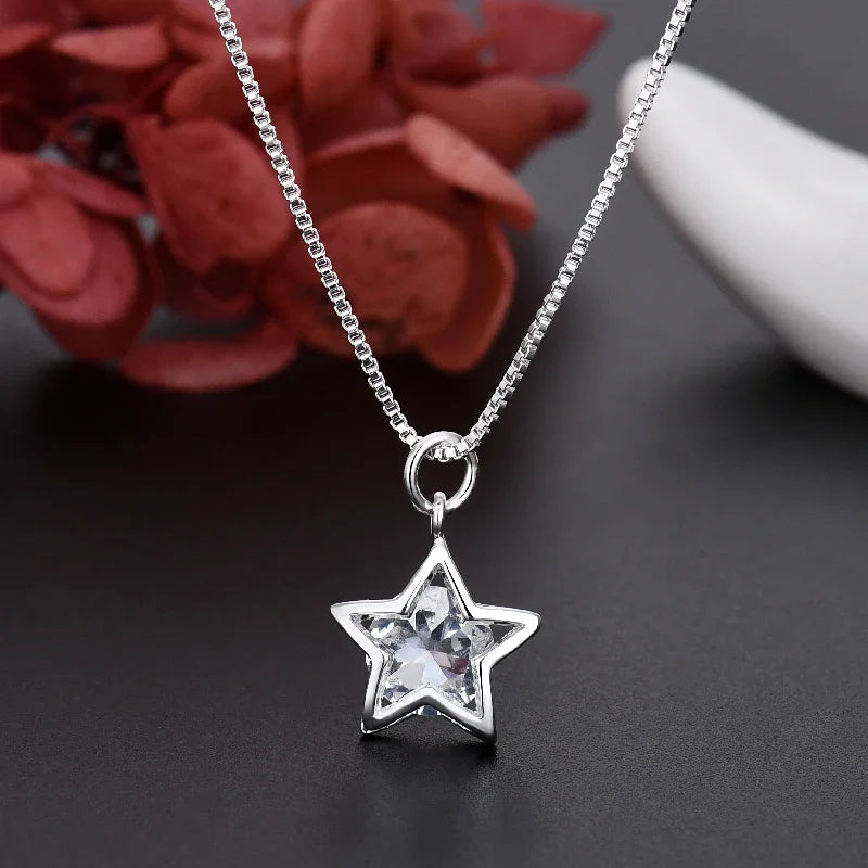 Elegant Crystal Star 925 Sterling Silver Necklace for Women Fine Jewelry Accessories
