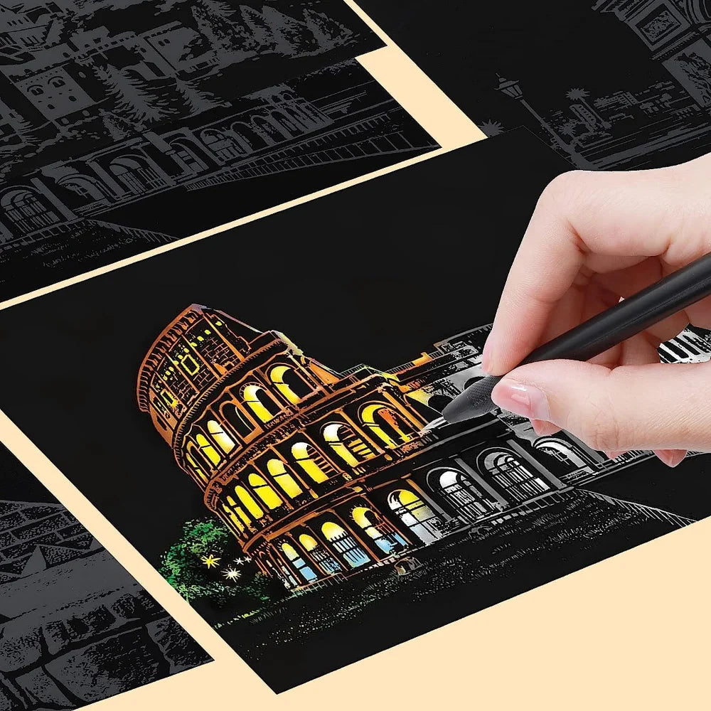 Children's DIY Night Scene Art Scratch Painting Postcards Toys City Building Landscape Kids Educational Toys Room Decor Gift 4Pcs