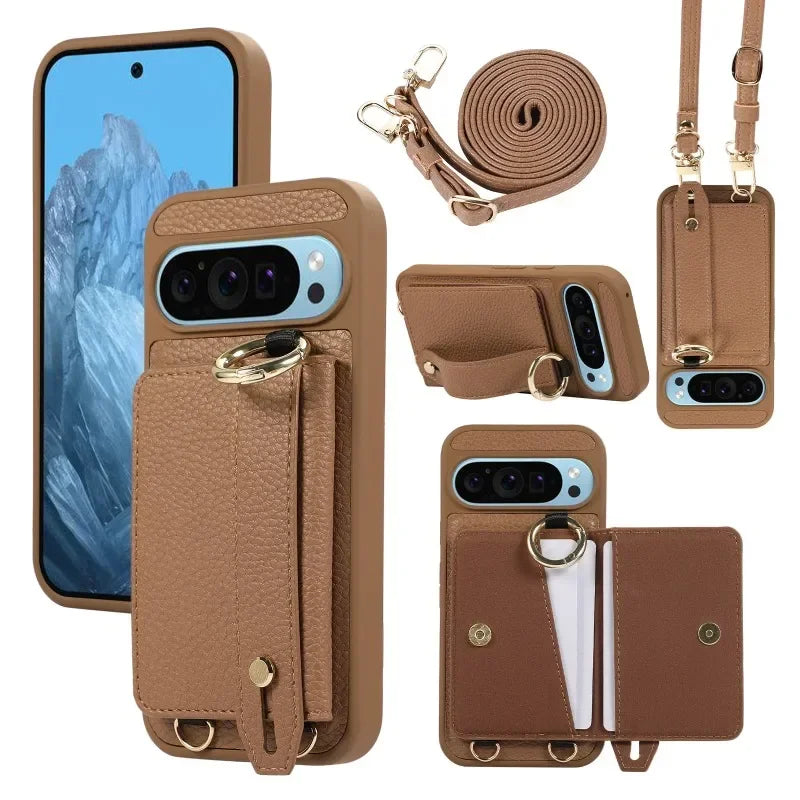 Exquisite Crossbody Leather Wallet Case for Google Pixel 9 8 Pro 8a 7a Models Ring Holder with Wrist Strap Shockproof Phone Case Cover Shell