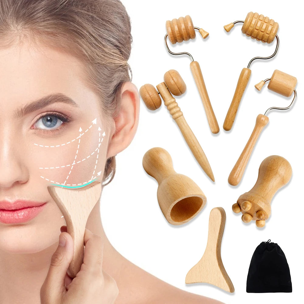 Wooden Facial Relaxation Lifting Massage Rollers Kit Facial Maderotherapy Gua Sha Wood Therapy Wrinkle Remover Skin Care Tools