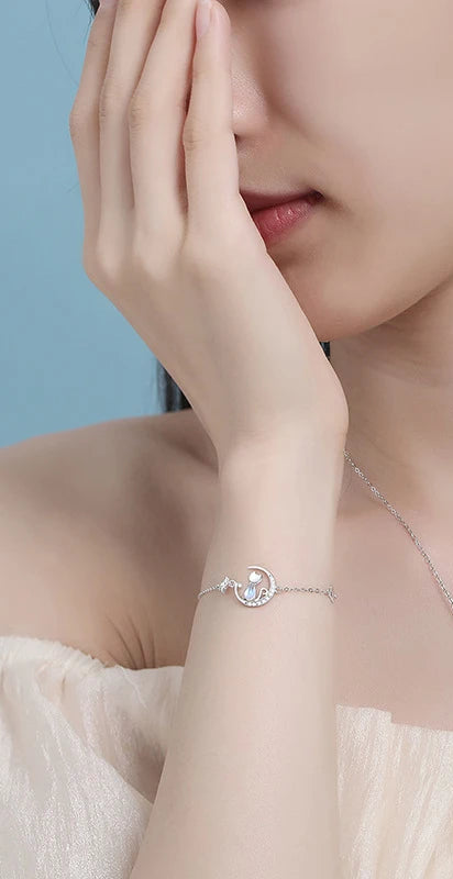 Beautiful Crystal Cat Stars Moon 925 Sterling Silver Charm Chain Bracelets for Women Fine Jewelry Accessories