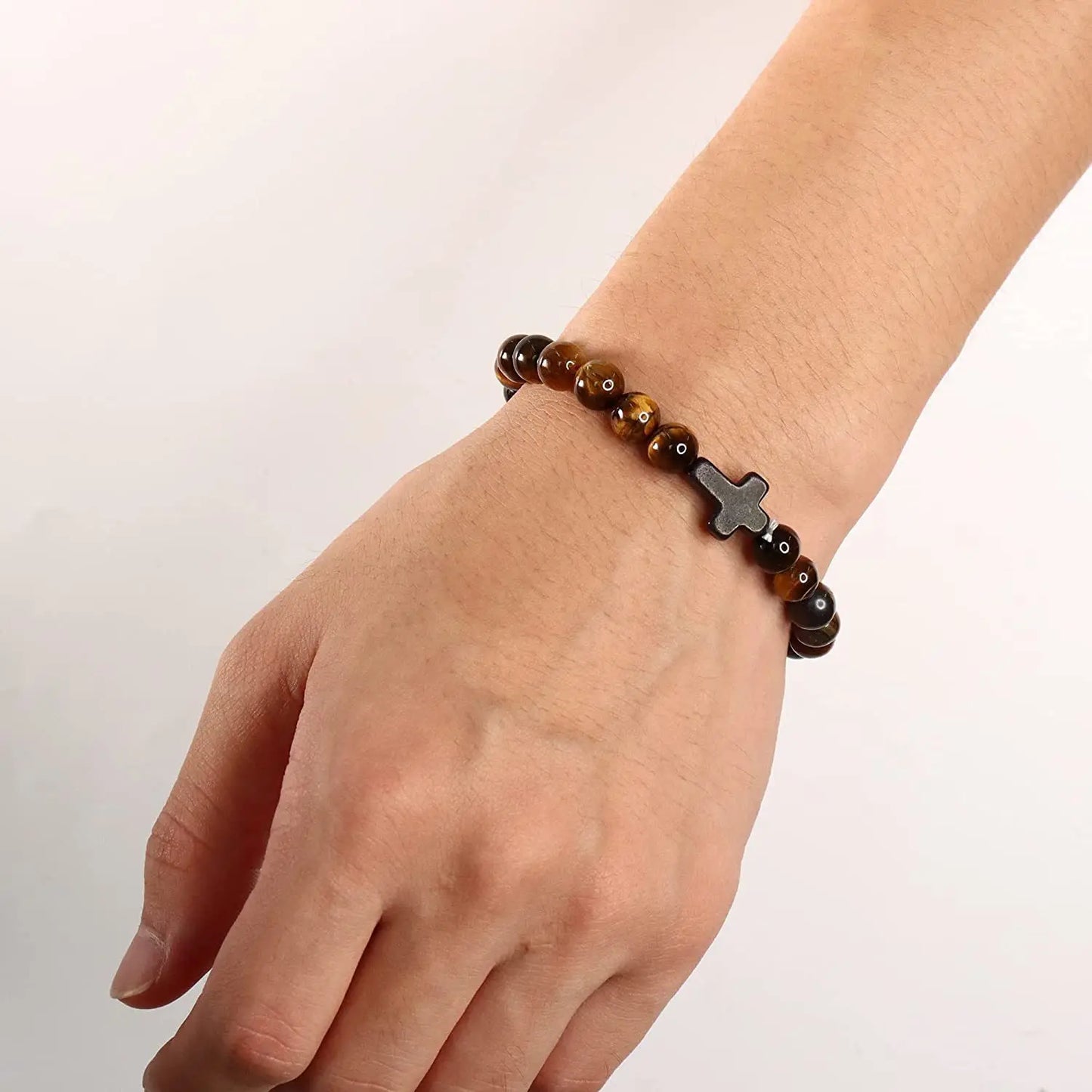 Rosary Cross Natural Stone Wood Beads Hematite Bracelets Prayer Meditation Bracelet for Men Women Yoga Jewelry