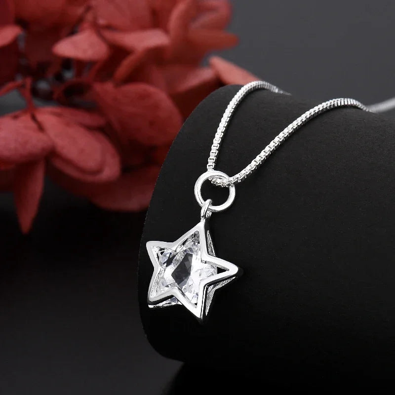 Elegant Crystal Star 925 Sterling Silver Necklace for Women Fine Jewelry Accessories