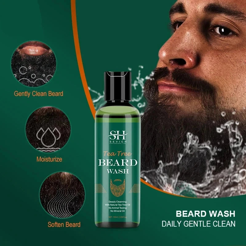 Nourishing Beard Growth Kit For Men Tea Tree Hair Enhancer Thicker Beard Care Oil Moisturizing Beard Conditioner Anti Hair Loss