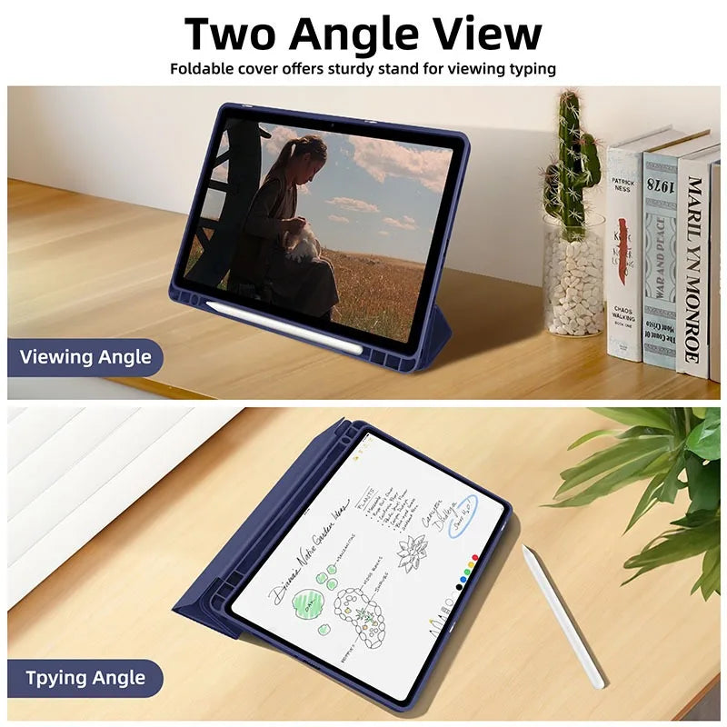 Protective Silicone and Leather Smart Case for Samsung Galaxy Tab S10 S9 FE Plus 11" 12.4" A9 S8 S7 Plus S6 Lite With Pen Holder Cover