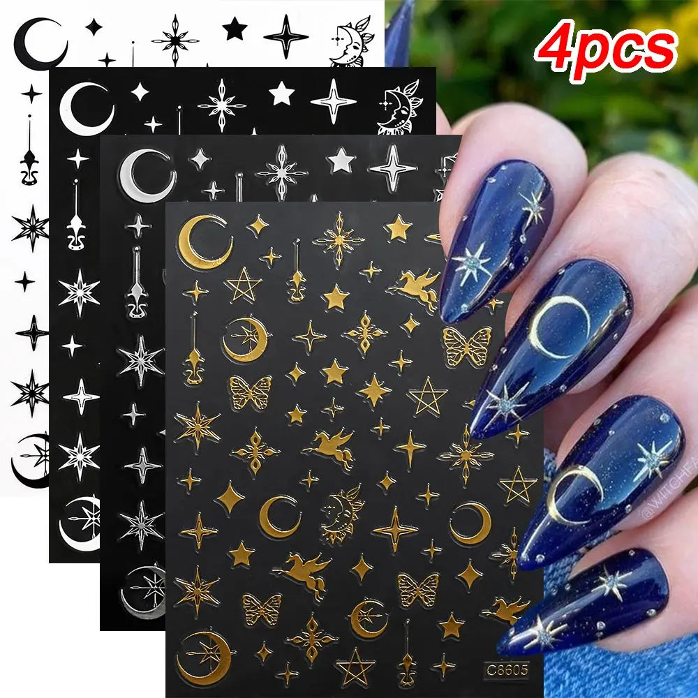 Star Sun Moon 3D Nail Stickers Bronzing Nail Art Gold Silver Styles Decal Self-Adhesive Slider