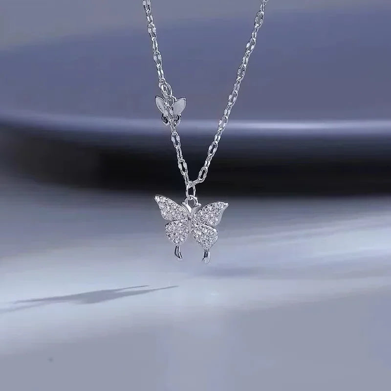 Elegant Butterfly 925 Sterling Silver Crystals Pendant Necklaces for Women Girls Chain Jewelry Accessories