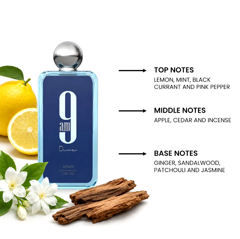 Afnan 9 AM Dive Eau de Parfum 3.4 Fl Oz / 100ml - Premium Fresh Citrus Aromatic Unisex Fragrance
