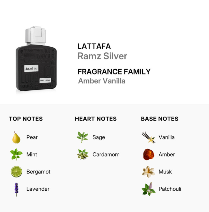 Ramz Lattafa Silver by Lattafa Eau de Parfum 3.4 Fl Oz / 100ml - Exquisite Fresh Aromatic Unisex Fragrance