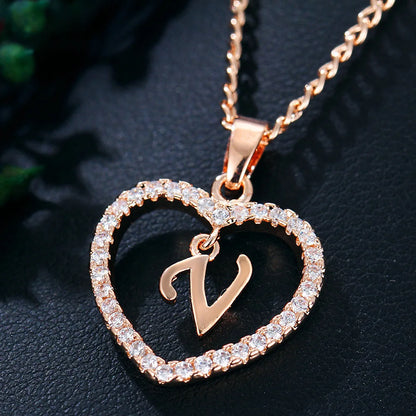 Luxury Crystal Heart Initial Letter Rose Gold Color Pendant Chain Necklace for Women Love Jewelry Accessories