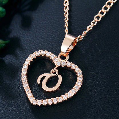 Luxury Crystal Heart Initial Letter Rose Gold Color Pendant Chain Necklace for Women Love Jewelry Accessories