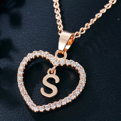 Luxury Crystal Heart Initial Letter Rose Gold Color Pendant Chain Necklace for Women Love Jewelry Accessories