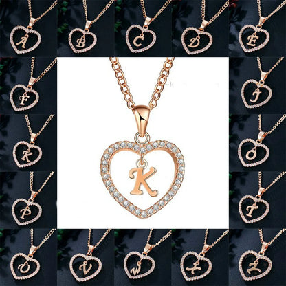 Luxury Crystal Heart Initial Letter Rose Gold Color Pendant Chain Necklace for Women Love Jewelry Accessories