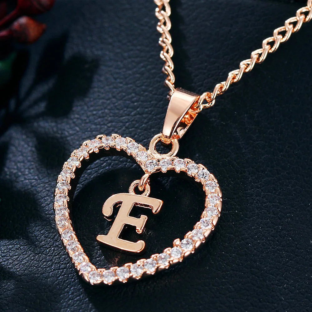 Luxury Crystal Heart Initial Letter Rose Gold Color Pendant Chain Necklace for Women Love Jewelry Accessories