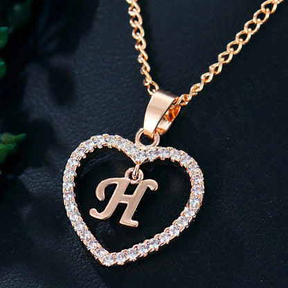 Luxury Crystal Heart Initial Letter Rose Gold Color Pendant Chain Necklace for Women Love Jewelry Accessories