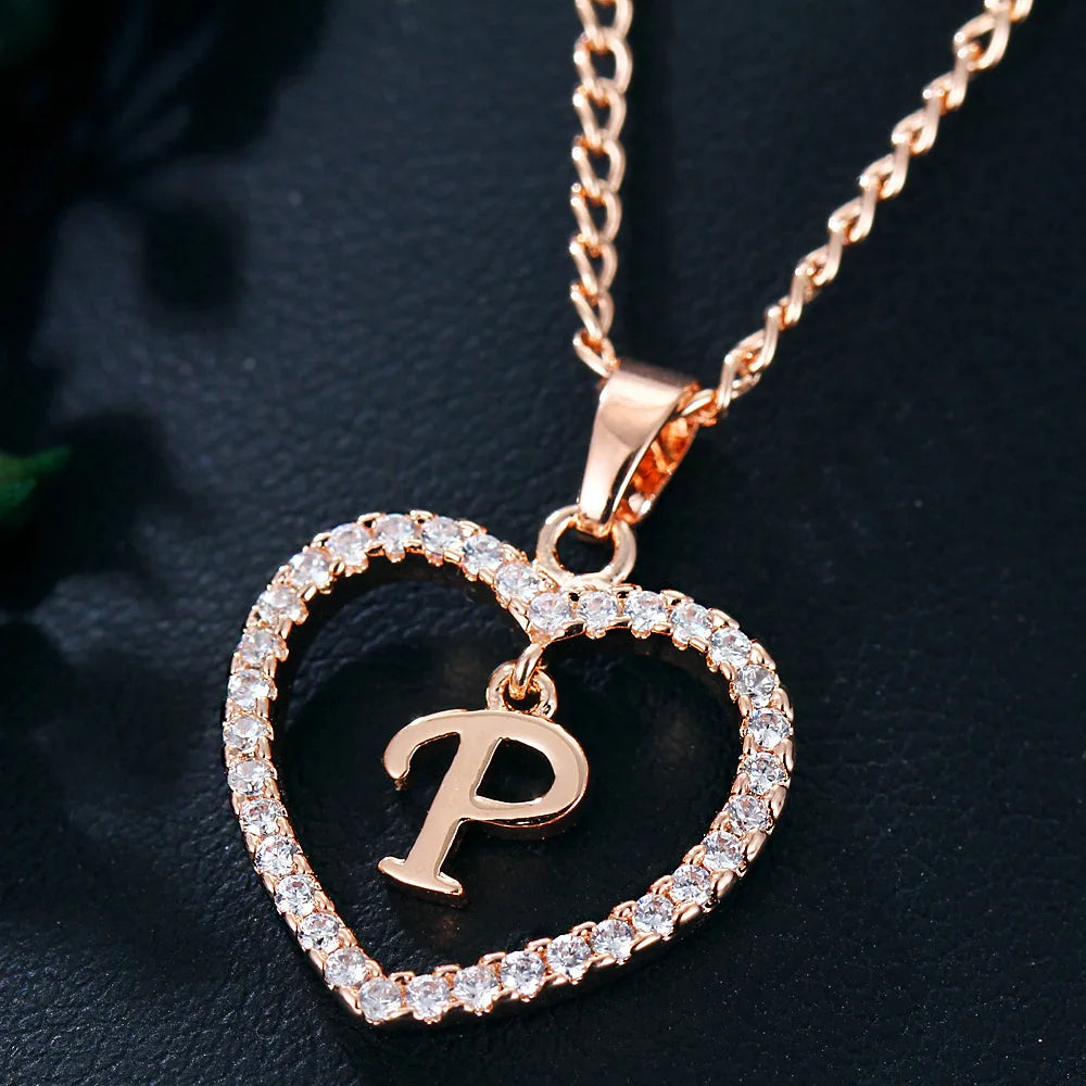 Luxury Crystal Heart Initial Letter Rose Gold Color Pendant Chain Necklace for Women Love Jewelry Accessories